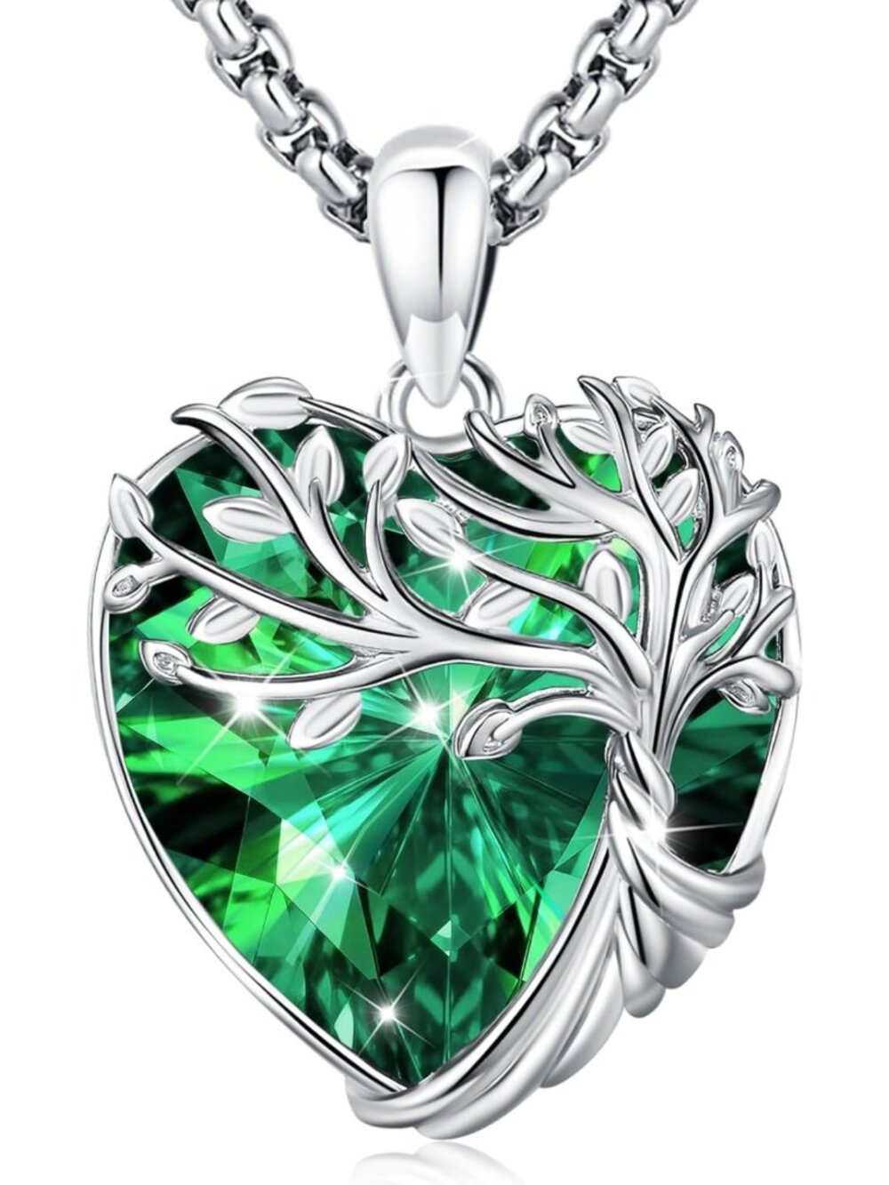 Heart Birthstone Tree of Life Necklace | Silver Plated Crystal Pendant Jewelry